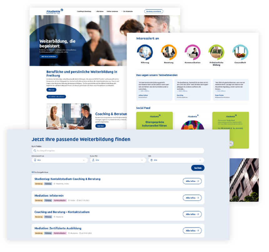 Collage an Screenshots der von Brainson erstellten Webseite für Akademie Freiburg
