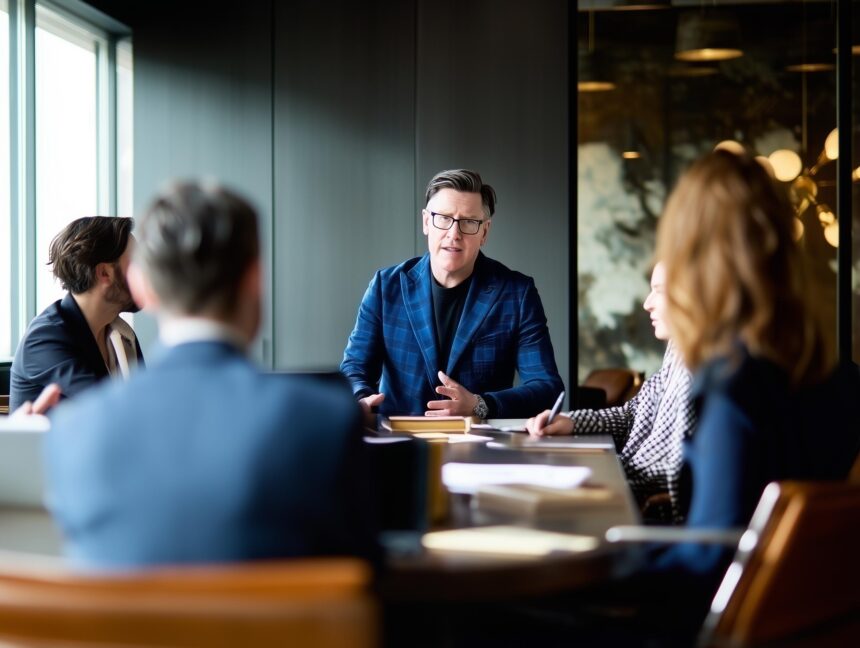 CEO sitzt am Tisch im Meetingraum mit Angestellten und diskutiert