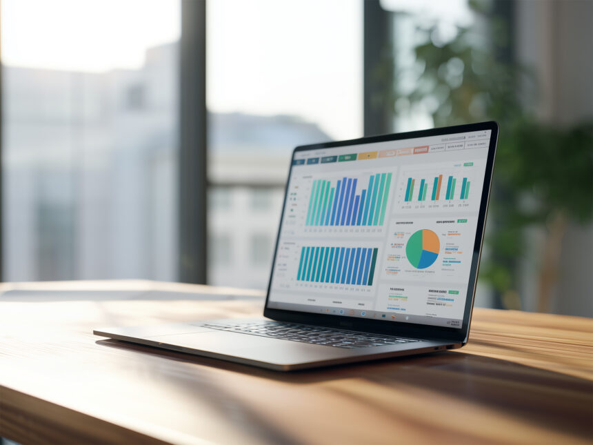 Laptop mit Marketing Performance Dashboard steht auf Holztisch im Büro
