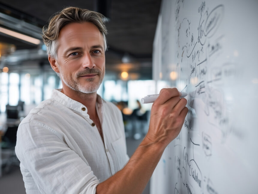 Digitalisierungsbeauftragter schreibt Prozesse auf Whiteboard nieder